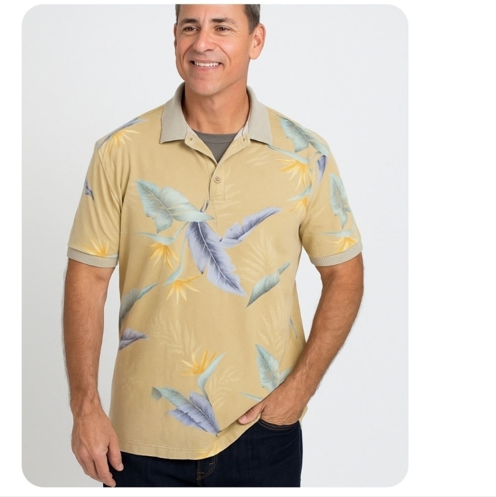 Tommy Bahama Vintage Mens Green Birds Of Paradise Casual Resortwear Polo Shirt M